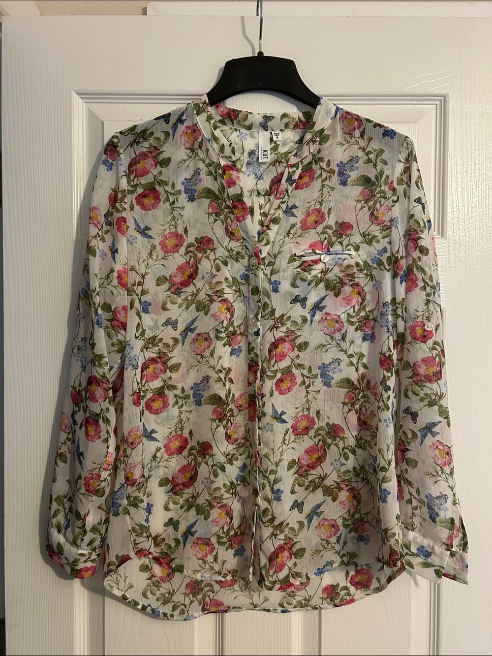Kut from the Kloth Floral Sheer Button-Front Blouse - Pink/Blue - Medium - Picture 3 of 11